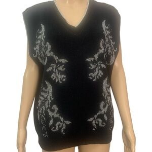 Vintage 1991 Unisex Black Silver Metallic Scroll Leaf Pattern Mod Sweater Vest